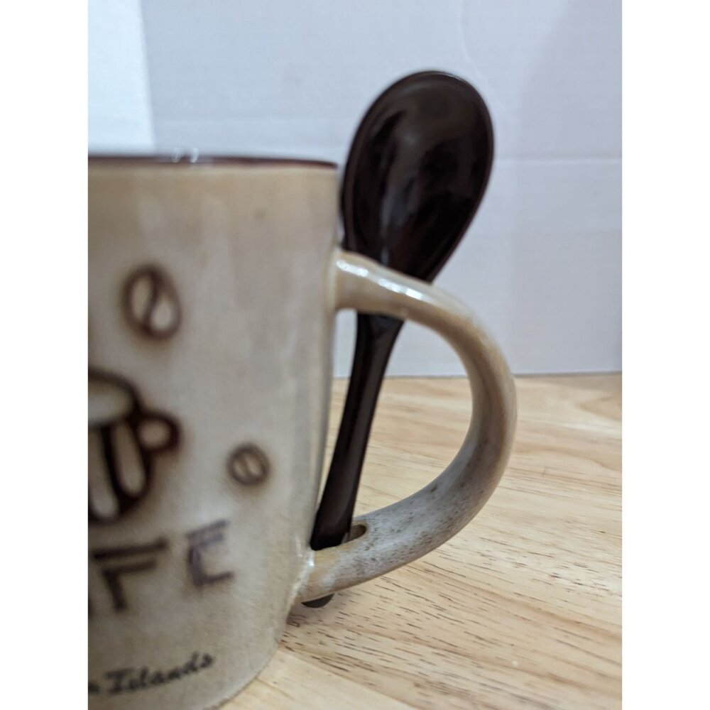 Enjoy Cafe Cayman Islands brown coffe themed mug w/spoon 4 inch @agiftcorp - Picture 3 of 11